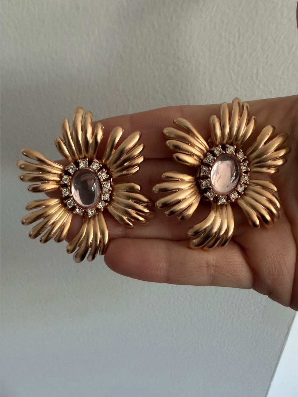 Vintage Gold Flower Statement Earrings with Pink Cabochon Center